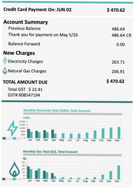 A real Alberta electricity bill before solar showing $263.71 in electricity charges for one month