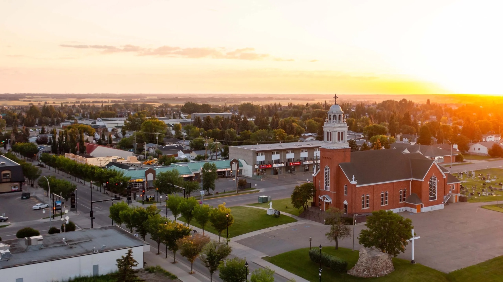 St. Vital Catholic Church at sunset in Beaumont Alberta