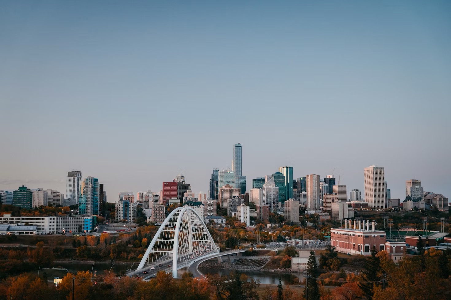 Edmonton skyline with Walterdale Bridge over North Saskatchewan River in fall