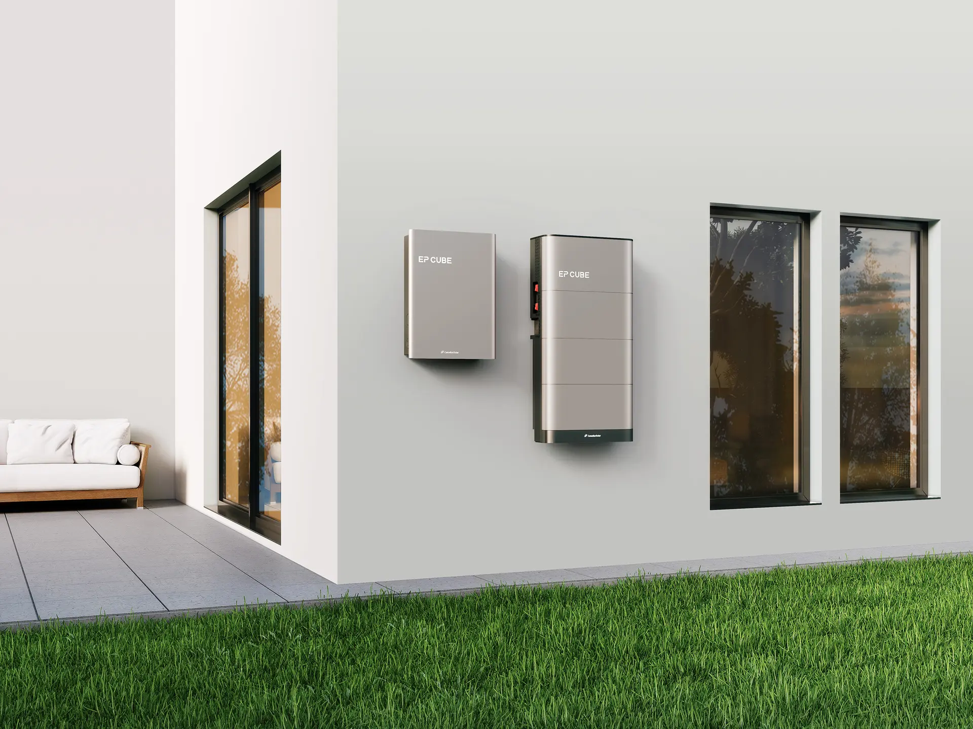 Canadian Solar EP Cube wall-mounted home battery and inverter on exterior wall