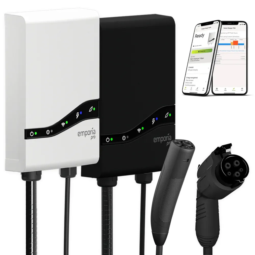 White and black Emporia Pro Level 2 EV chargers with app scheduling, installed by Stellar Upgrades in Edmonton