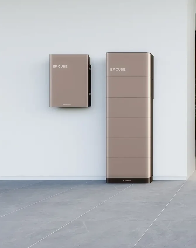 EP Cube 2 home battery storage system, wall-mounted inverter and battery stack