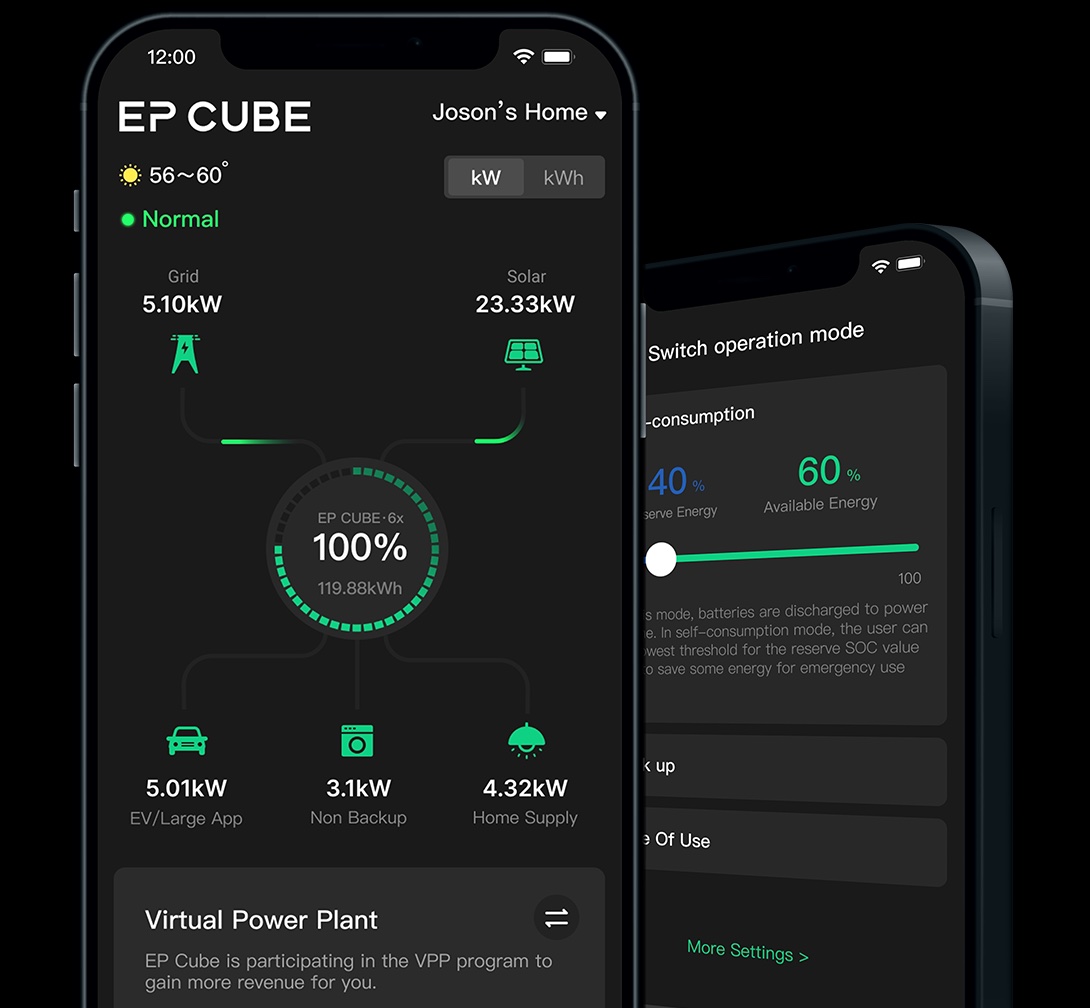 EP Cube smartphone app showing real-time battery monitoring, solar input, and home energy consumption