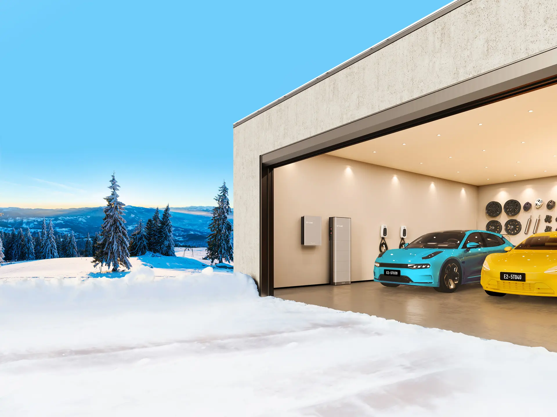 EVs charging in a heated garage with EP Cube battery storage during an Alberta winter
