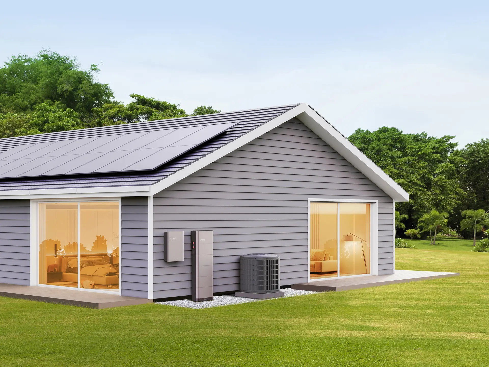 EP Cube home battery backup installed on a residential home beside a heat pump