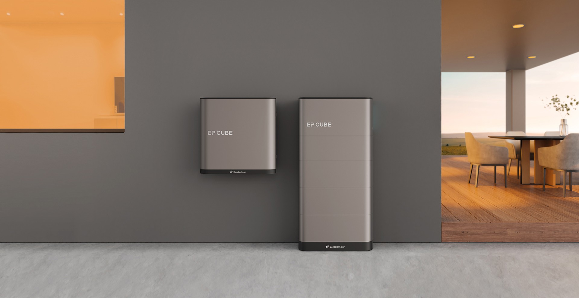 EP Cube battery backup units wall-mounted — two sizes shown by Canadian Solar