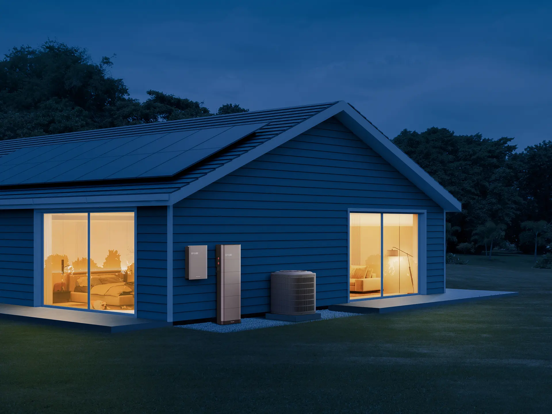 Home with lights on at night, powered by EP Cube whole-home battery backup