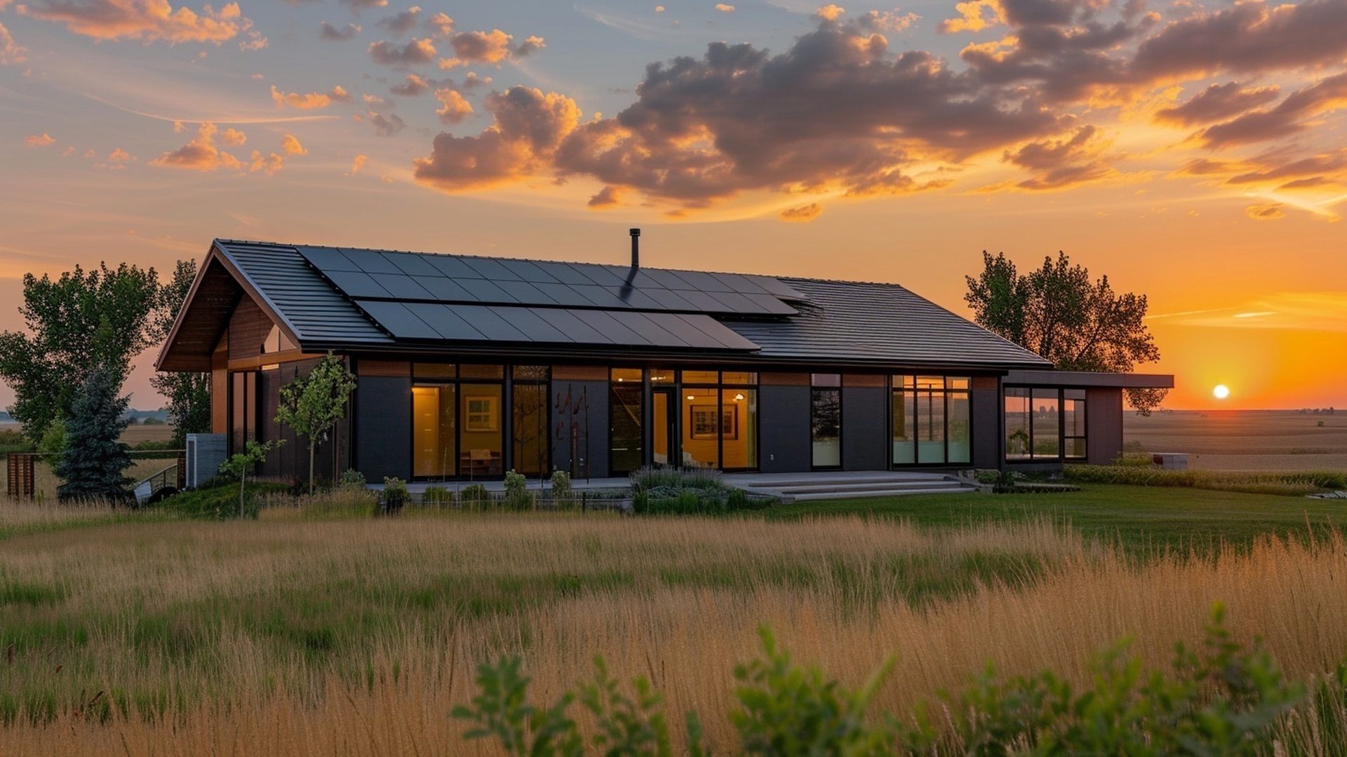 Solar-powered rural lakeside home at sunset in Alberta