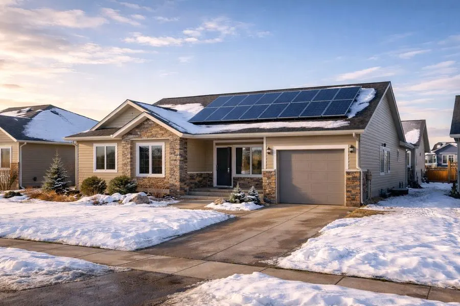 Solar-powered home in Edmonton winter with snow