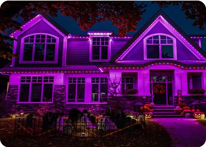 Home lit in purple and orange for Halloween using permanent lighting colour scenes