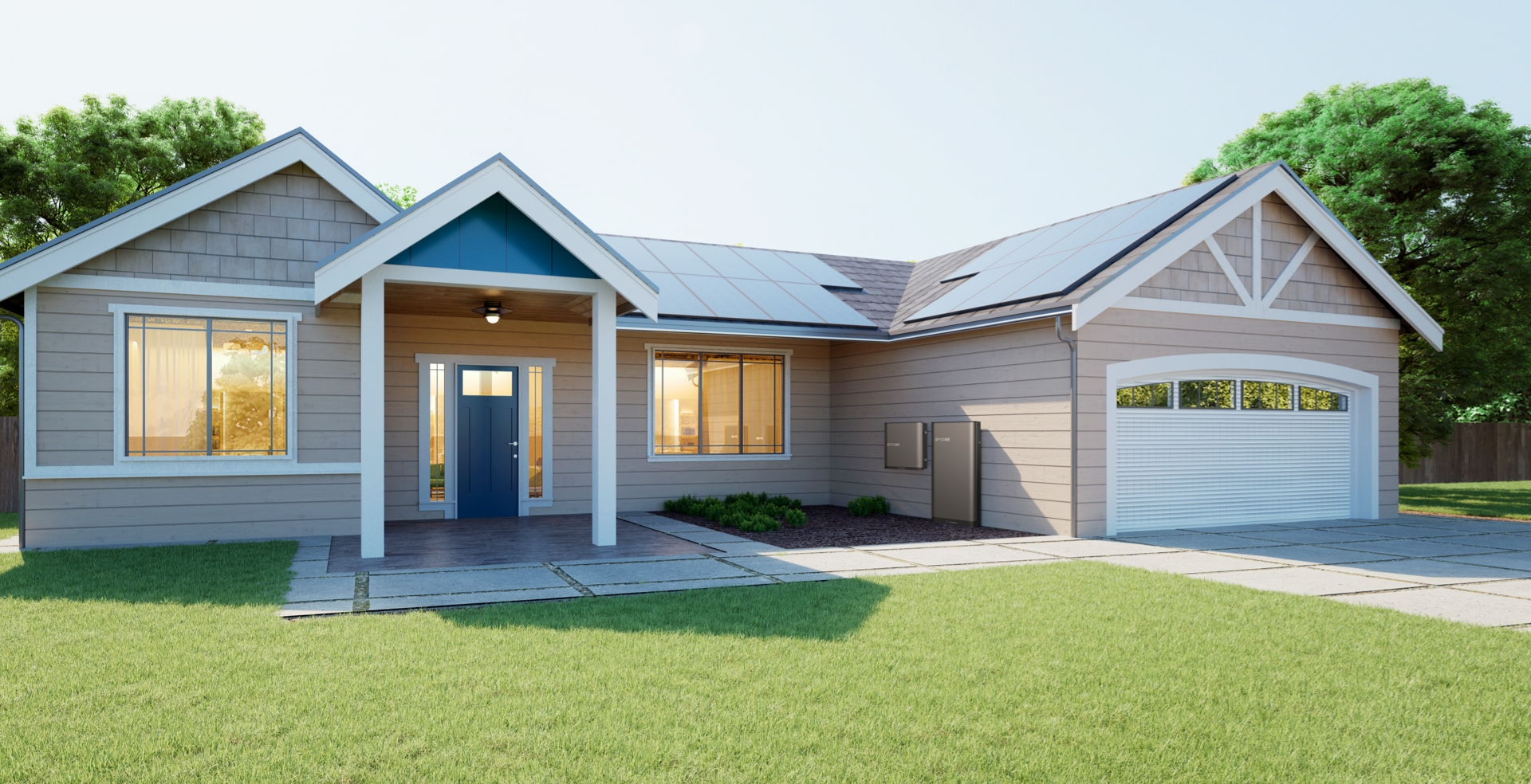 Home with solar panels on roof and EP Cube battery mounted on exterior wall