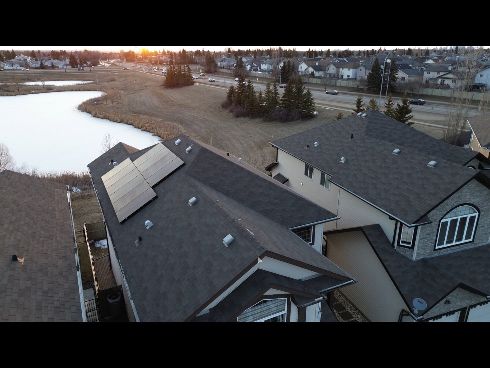 3 kW solar panel installation on a home in Laurel south Edmonton at sunset
