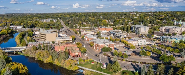 Downtown St. Albert aerial with Sturgeon River in fall