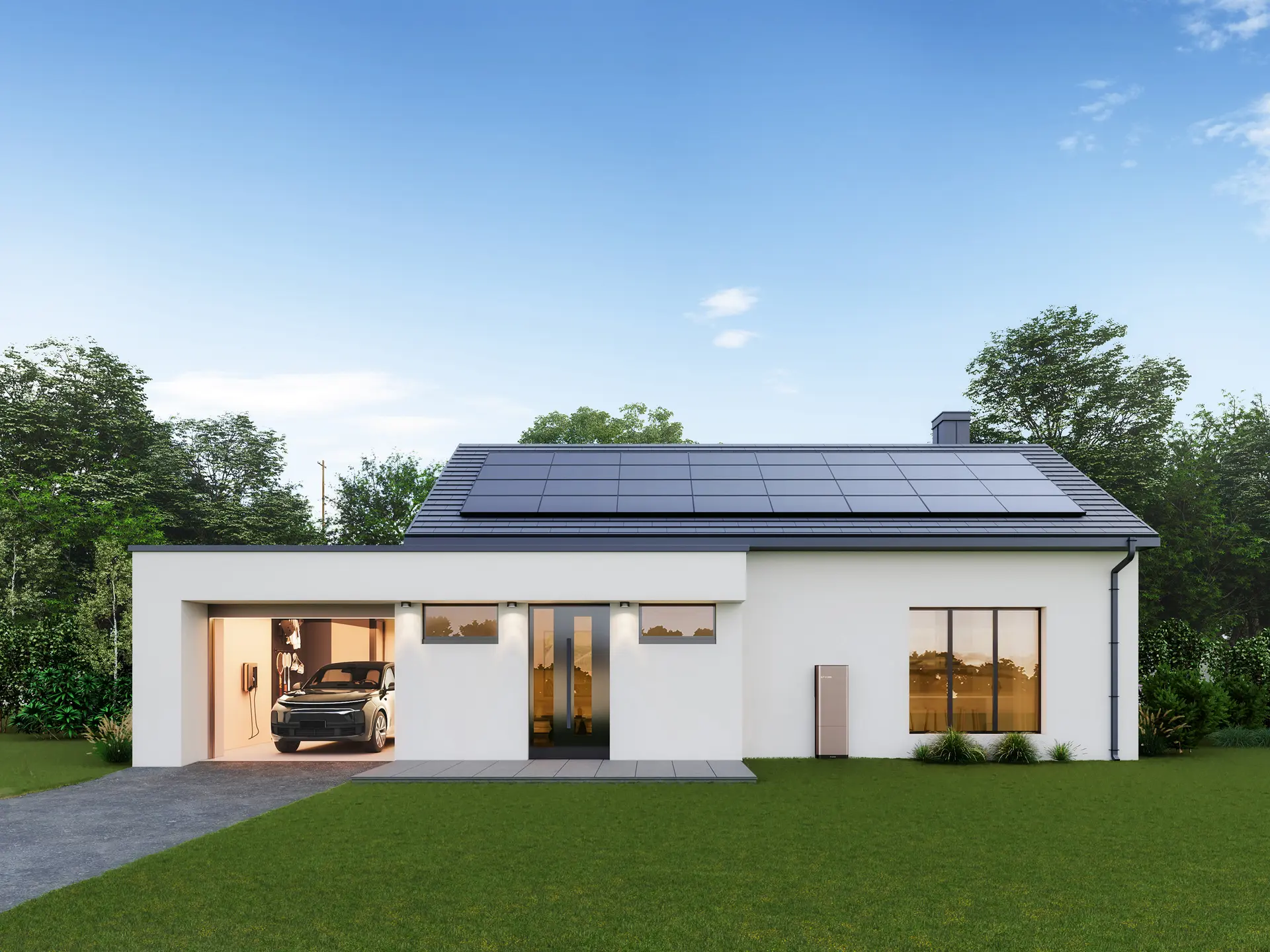 Home with rooftop solar panels, EP Cube battery storage and EV charger in the garage