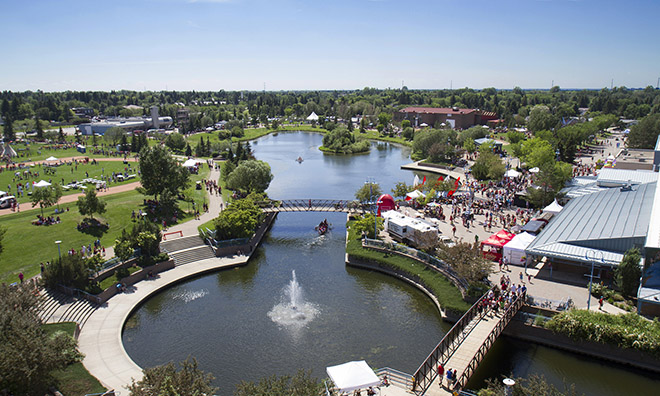 Centre in the Park and Broadmoor Lake in Sherwood Park, Strathcona County, Alberta, during a summer festival
